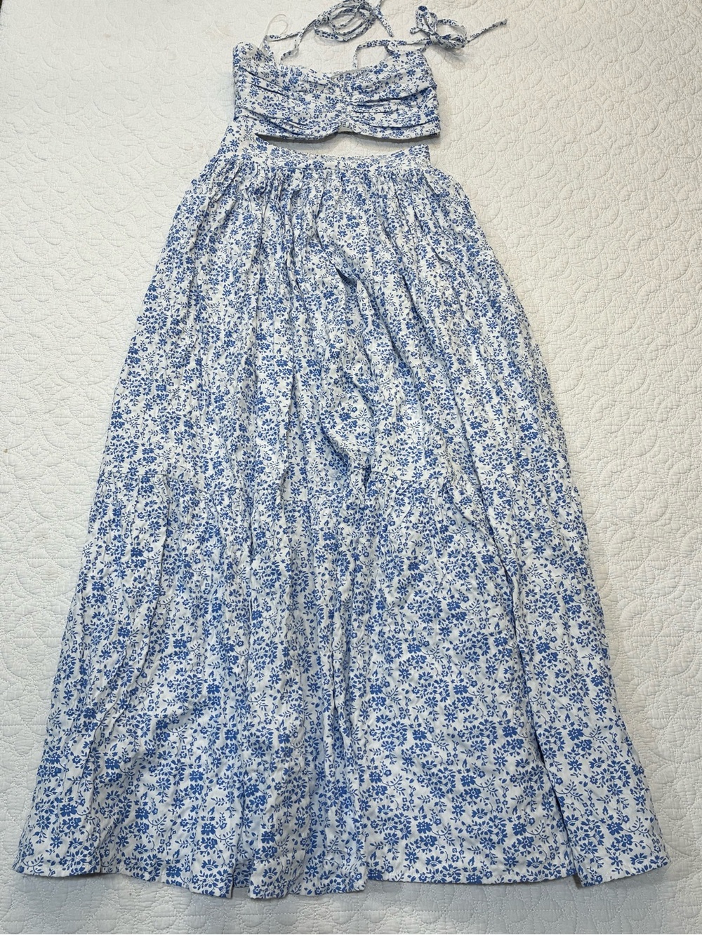 Mable Blue White Floral 2 Piece Set Crop Top Smocked Maxi Skirt S